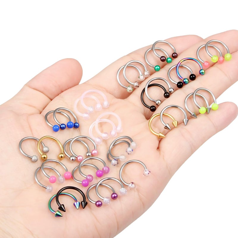 Ftovosyo 35Pcs 16G Surgical Steel Nose Septum Rings Piercing Jewelry Horseshoe Cartilage Helix Tragus Earring Hoop Eyebrow Lip Hoop Retainer for Women Men 10mm 3/8 Inch Silver Black - Image 5