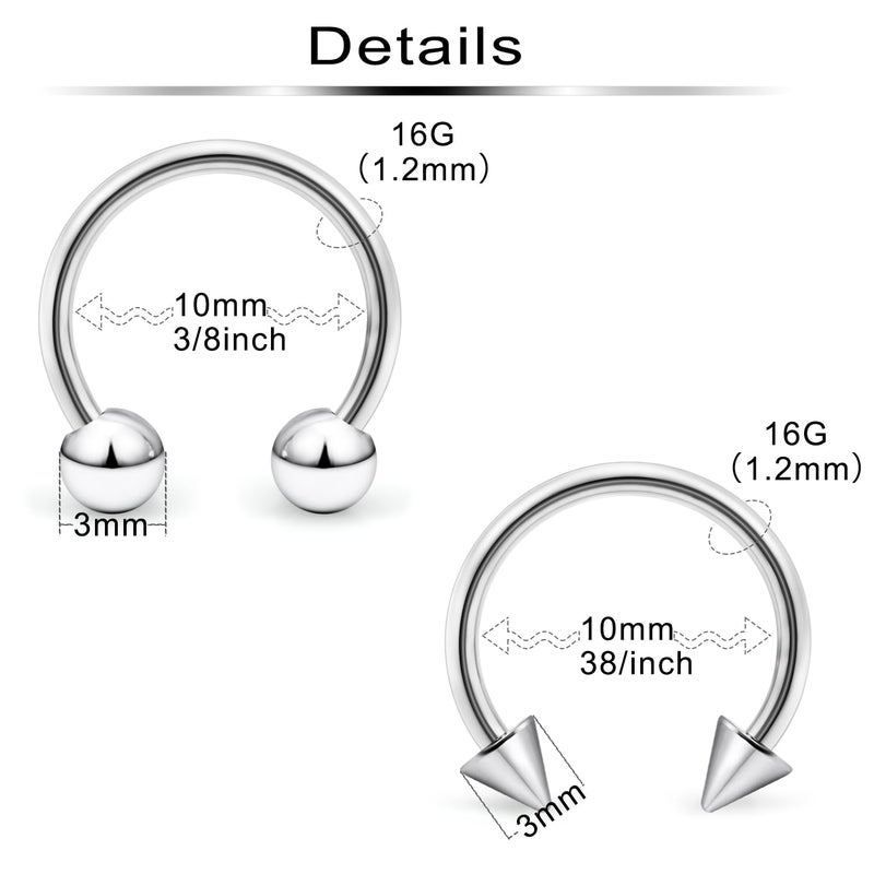 Ftovosyo 35Pcs 16G Surgical Steel Nose Septum Rings Piercing Jewelry Horseshoe Cartilage Helix Tragus Earring Hoop Eyebrow Lip Hoop Retainer for Women Men 10mm 3/8 Inch Silver Black - Image 2