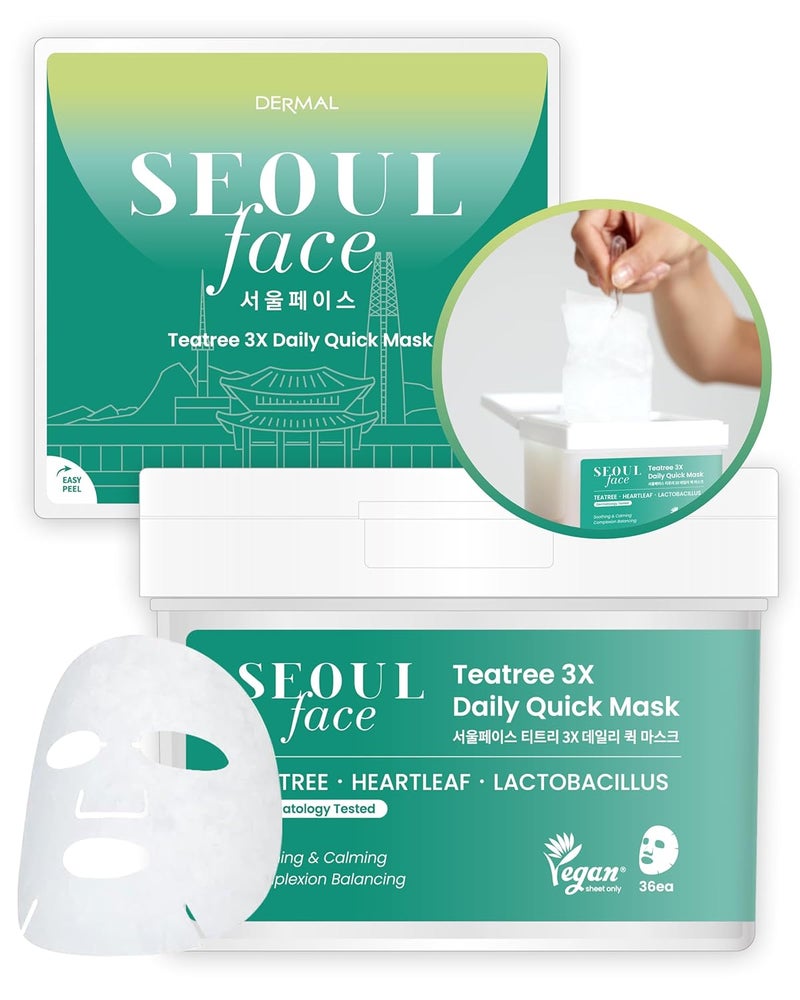 DERMAL Seoul Face Teatree 3X Daily Quick Mask 36 Sheet  Korean Skincare Vegan Tencel Facial Masks  Calming Soothing Blemish Control Face Mask Sheets with Heartleaf Extract Lactobacillus