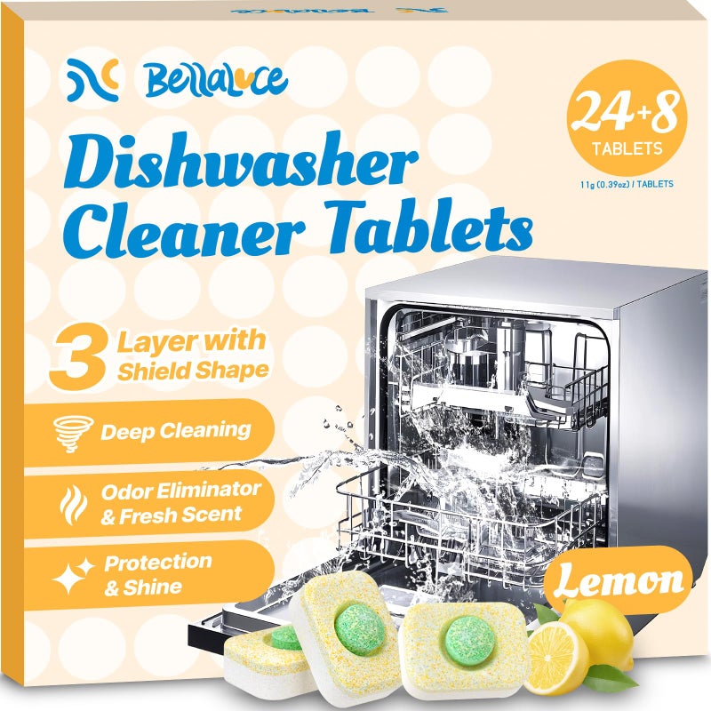 Dishwasher Cleaner Tablets - Dishwasher Cleaner And Deodorizer Tablets Lemon Scented, Heavy Duty Deep Clean Descaler Pods for Septic Safe, Prevents Buildup & Odor, Natural Limescale Remover (32 Pack) - Image 1