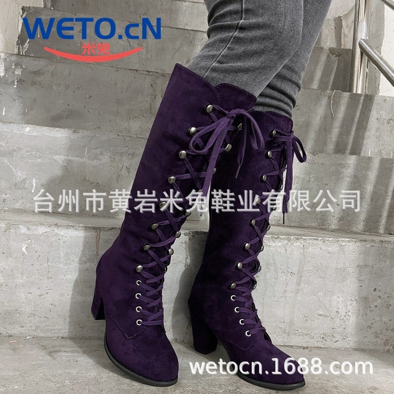 Plus Size Fashion Strap Roman Knight Boots Children High Boots Round Head Thick High Heel Boots 43 - Image 1