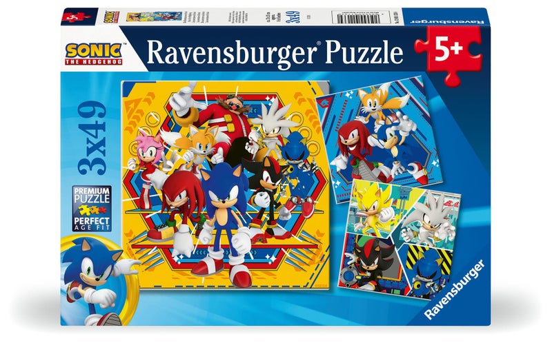 Ravensburger Sonic The Hedgehog 3 x 49 Piece Jigsaw Puzzle Set for Kids - Screen-Free Activity Boosts Concentration and Focus - Image 1