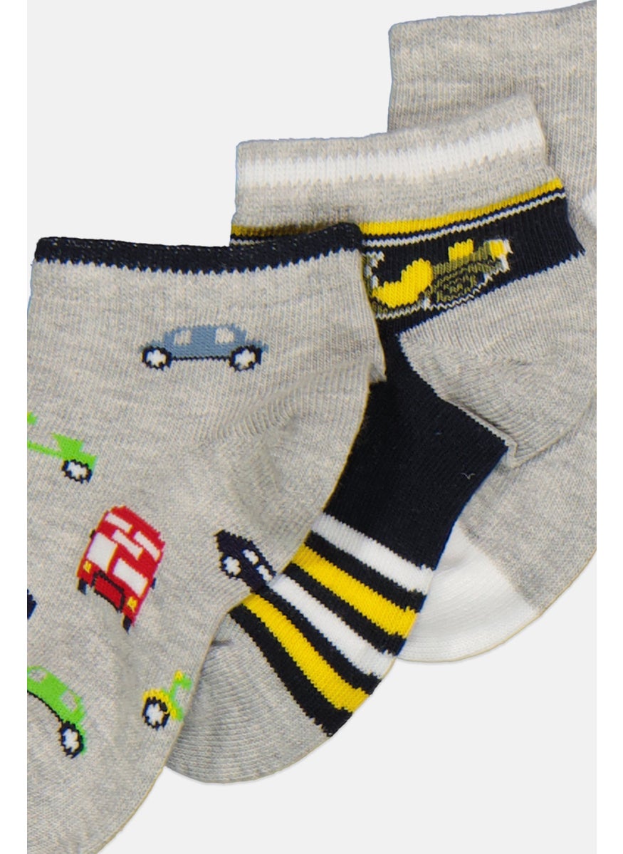 RBX - Kids Boy 3 Pairs Allover Print Ankle Socks, Grey Combo - Image 1