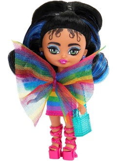 Mattel BARBIE Barbie Extra Mini Minis with Blue-Streaked Black Ponytail Wearing Rainbow Dress & Accessories & Stand, 3.25-inch  - Image 1
