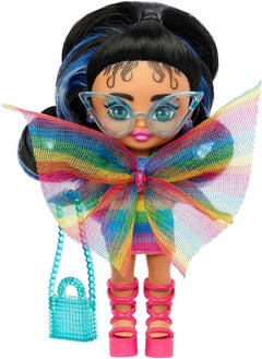 Mattel BARBIE Barbie Extra Mini Minis with Blue-Streaked Black Ponytail Wearing Rainbow Dress & Accessories & Stand, 3.25-inch  - Image 4
