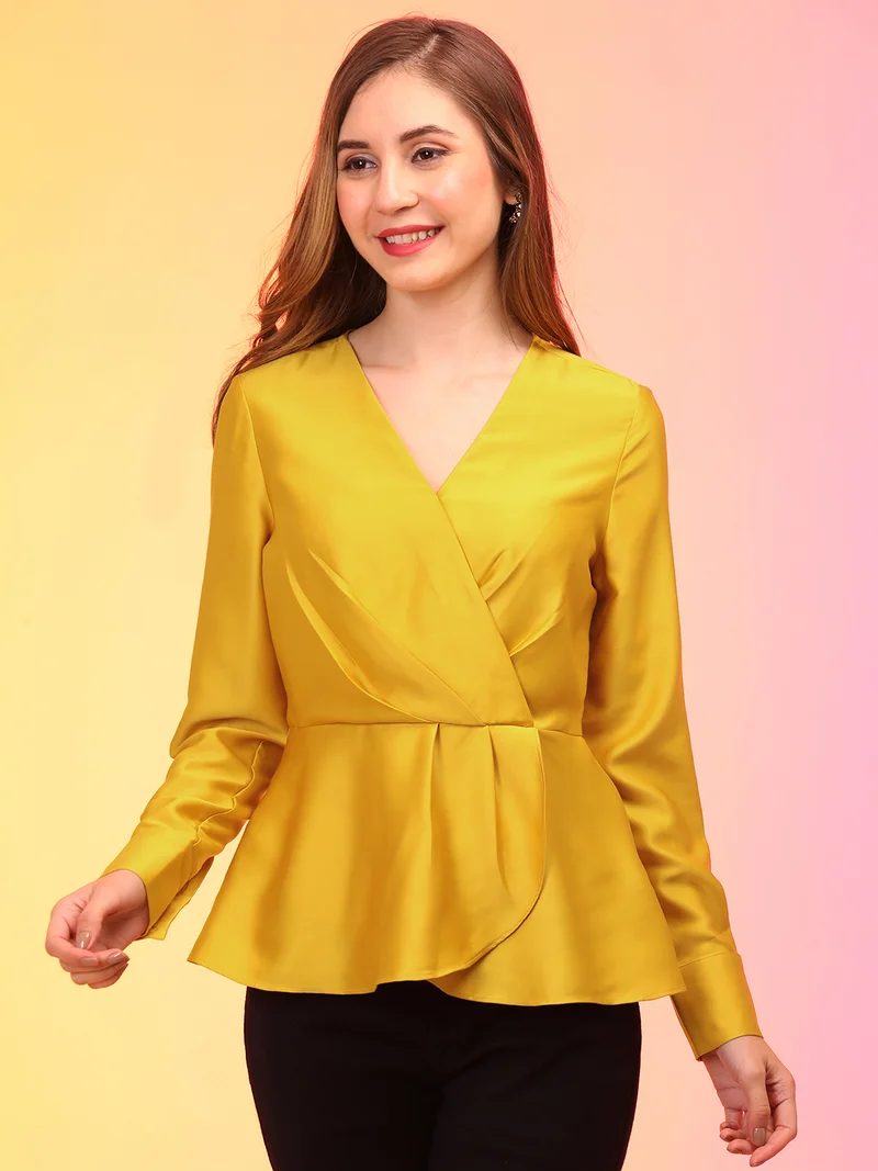 globus Women V-Neck Cuffed Sleeves Pleated Wrap Party Top