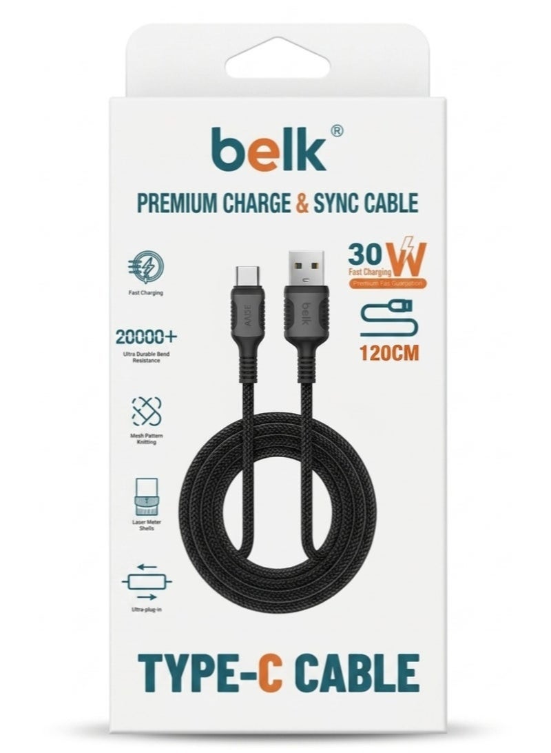 Belk USB Type A to Type C Fast Charging Cable, 30W, 120cm, Black - Image 2