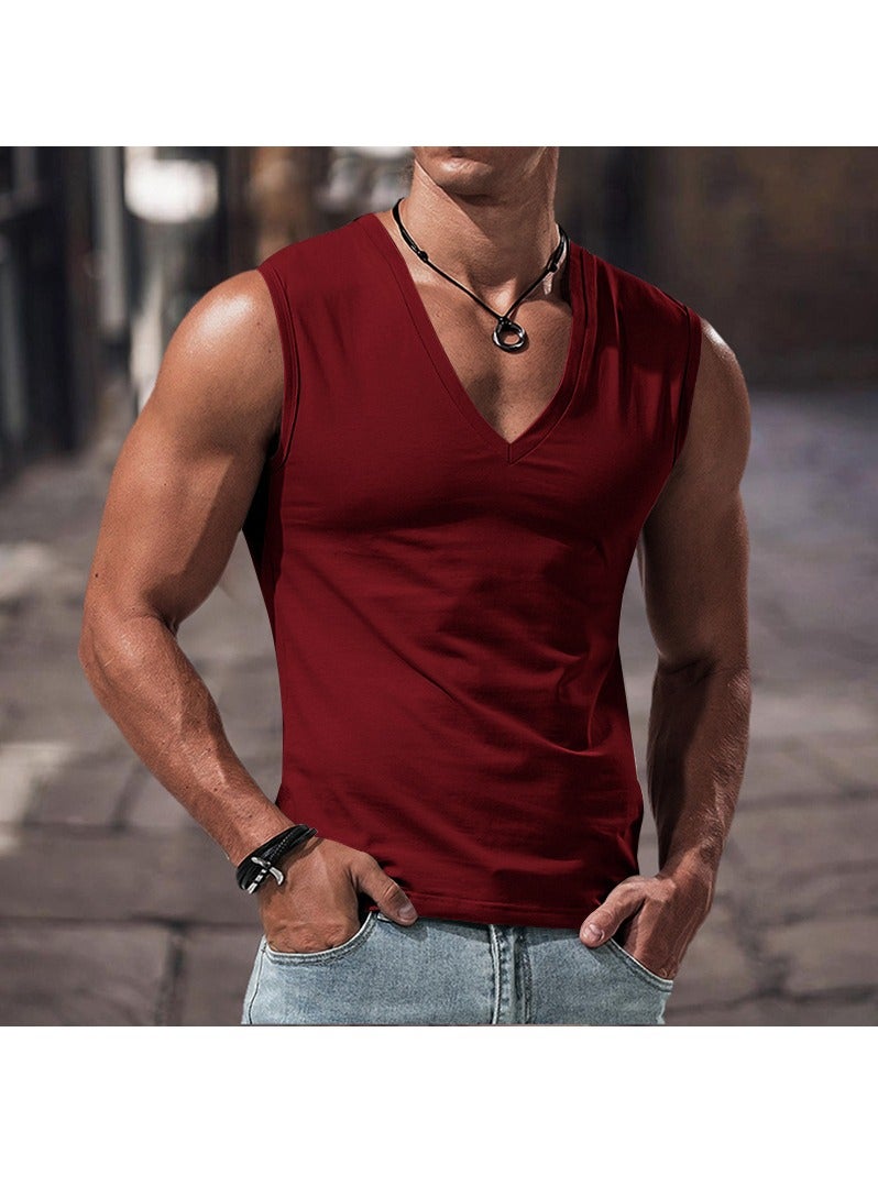 KUYING Summer Men's Solid Color Large V-neck Lloose Casual Sports Vest