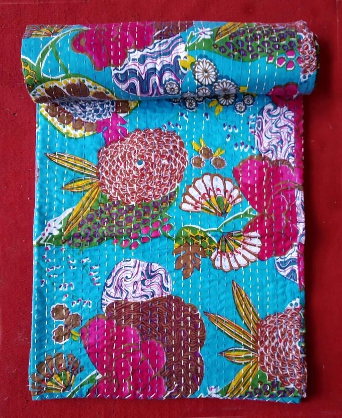 CREATIONS TRADITIONAL ETHNIC KANTHA INDIAN BEDDING SINGLE EMERALD COTTON TROPICAL FRUIT HAND STITCHED BEDDING BED COVER BY CREATIONS90X60 INCH