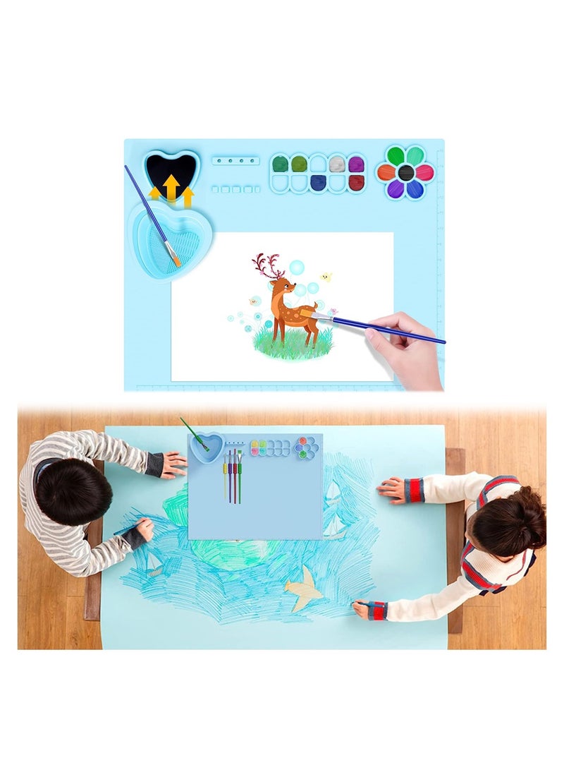 KASTWAVE Silicone Oil Painting Mat Blue Children's Graffiti Silicone Mat 50.5*40.5cm Silicone Painting Mat Paint Palette Easy to Clean with Cup for Painting Craft Watercolour Clay and DIY  - Image 1