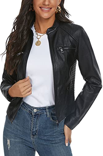 Fahsyee Faux Leather Jacket for Women, Moto Biker Slim Vegan MotorcycleZipper Coat Outwear, Black, Size L - Image 1