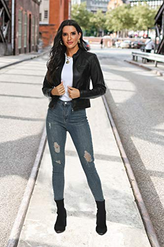 Fahsyee Faux Leather Jacket for Women, Moto Biker Slim Vegan MotorcycleZipper Coat Outwear, Black, Size L - Image 5