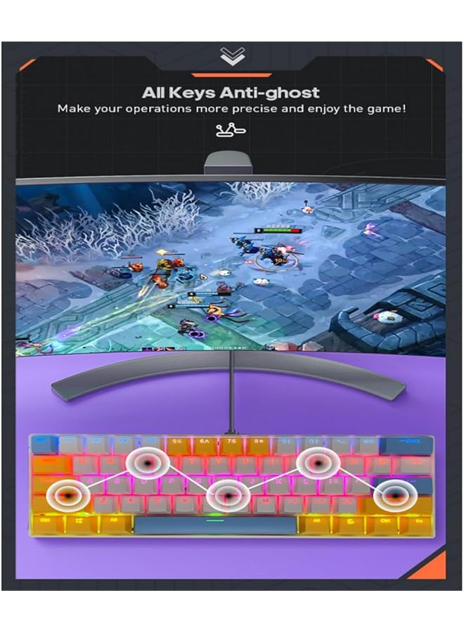 61 Keys Rgb Gaming Keyboard 60% Mini Wired Waterproof With Anti Ghosting Keyboard And Three Color Keycaps With Red Switch For Gamers(White Yellow And Blue) - Image 3