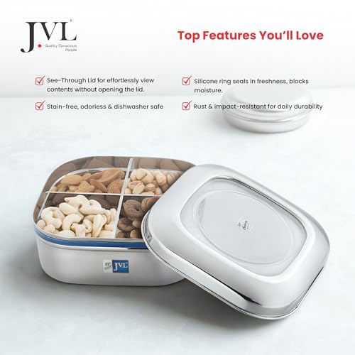 JVL Classicware Costa Square Dry Fruit Tin Stainless Steel Dry Fruit Box with 4-Section Removable Tray & Airtight See-Through Lid for Nuts, Chocolates & Snacks (2.1 L) - Image 4