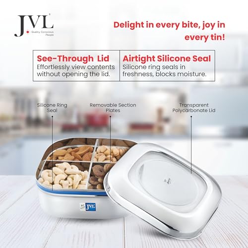 JVL Classicware Costa Square Dry Fruit Tin Stainless Steel Dry Fruit Box with 4-Section Removable Tray & Airtight See-Through Lid for Nuts, Chocolates & Snacks (2.1 L) - Image 3
