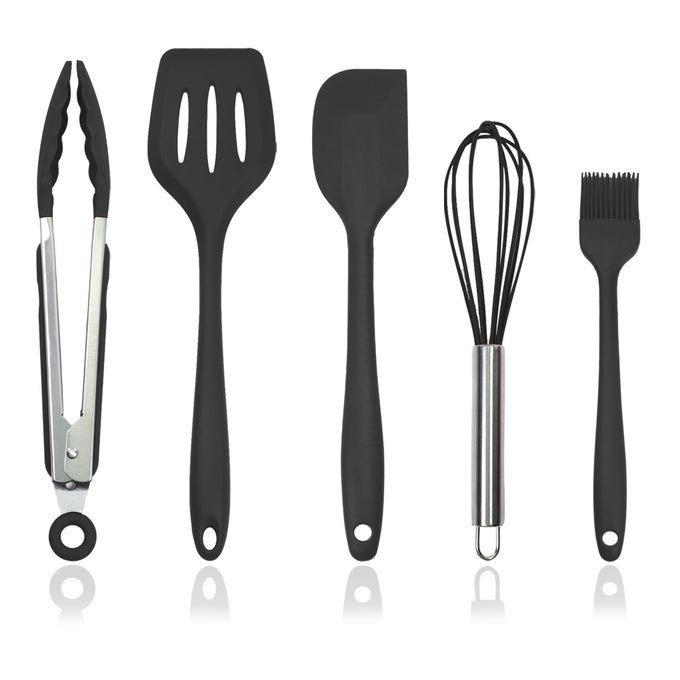 SILICONE KITCHEN COOKING UTENSILS SET KITCHEN SPATULA SET WITH HOLDER5 PCS HEAT RESISTANT SILICONE KITCHEN UTENSILS GADGETS TOOLS SET FOR NONSTICK COOKWAREDISHWASHER SAFE BLACK