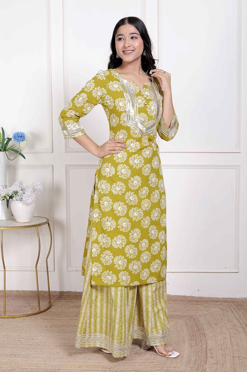 Miravan Women's Lime Yellow Block Printed Kurta with Palazzo - Image 2