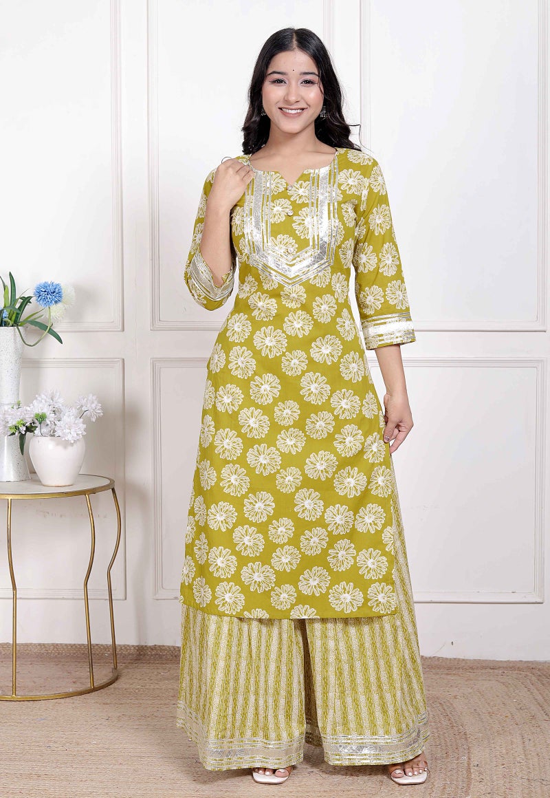 Miravan Women's Lime Yellow Block Printed Kurta with Palazzo - Image 1
