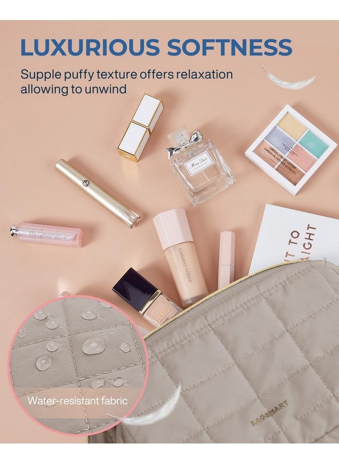 BAGSMART Makeup Bag Travel Toiletry Bag, Puffy Padded Make Up Bags For Women Makeup Organizer Case, Wide-Open Pouch Purse Travel Essentials Toiletries Accessories Brushes, Camel  - Image 2