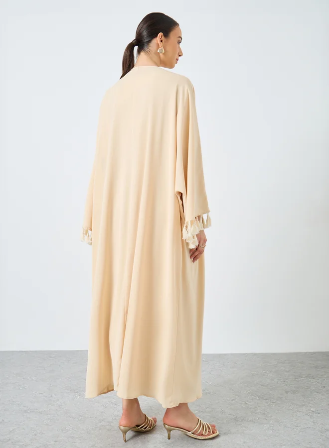 تايك تو Take Two Solid Tassel Sleeve Open Front Abaya