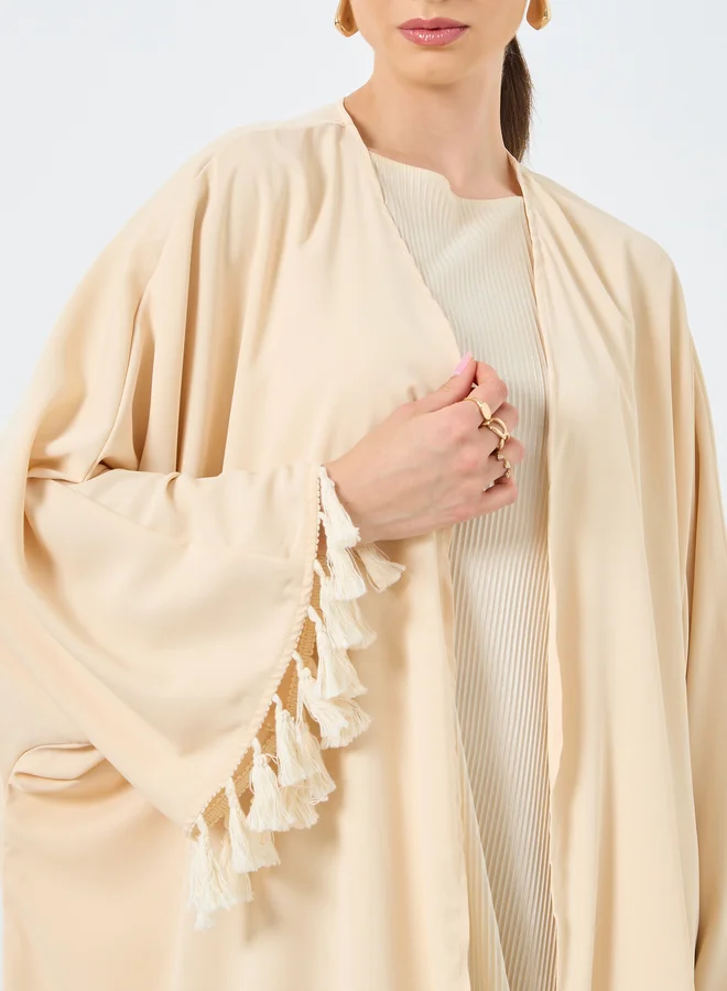 تايك تو Take Two Solid Tassel Sleeve Open Front Abaya