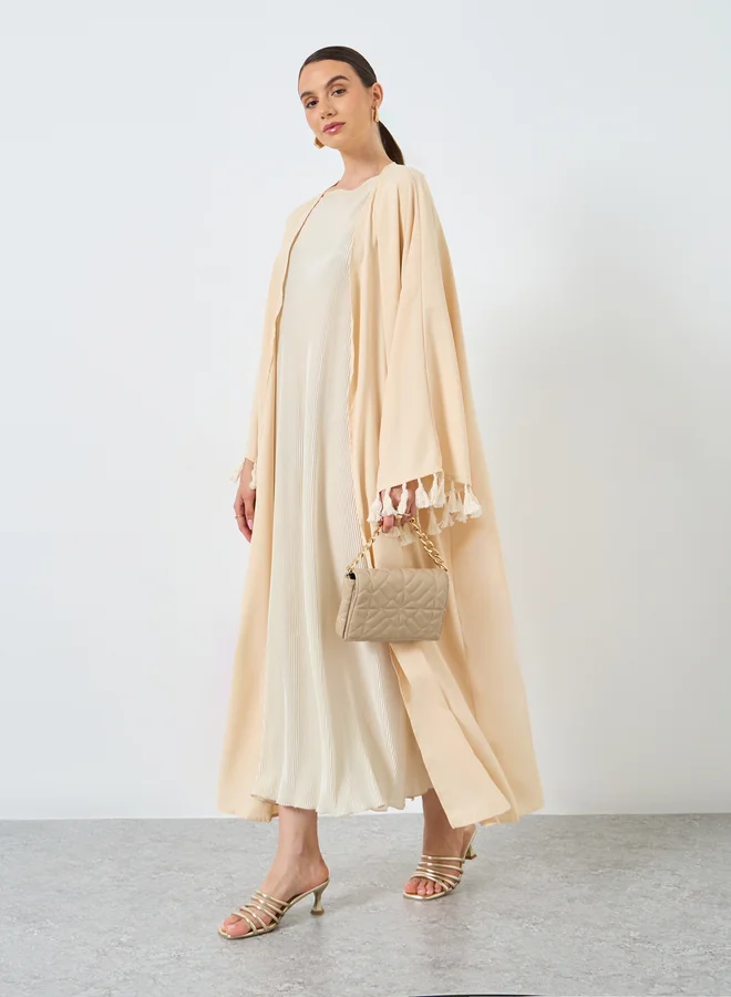 تايك تو Take Two Solid Tassel Sleeve Open Front Abaya