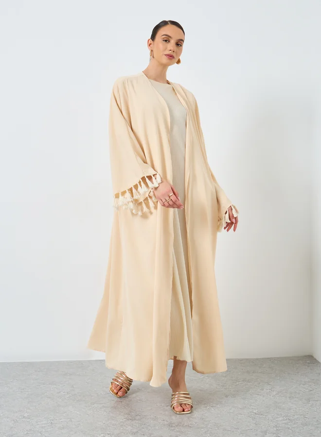 تايك تو Take Two Solid Tassel Sleeve Open Front Abaya