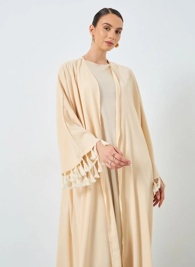 Take Two Solid Tassel Sleeve Open Front Abaya