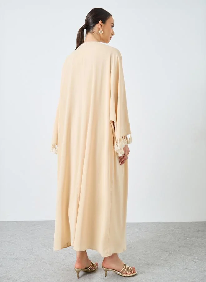Take Two Solid Tassel Sleeve Open Front Abaya