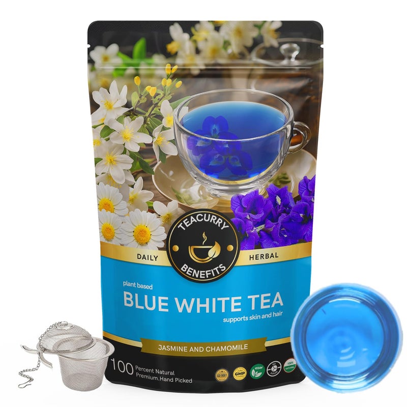 Teacurry Blue White Tea (200 Gram Loose + Infuser) - Helps with Skin Wellness, Hair Strength, Calmness and Sleep | Flower Based, Caffeine Free Herbal Tea - Image 1