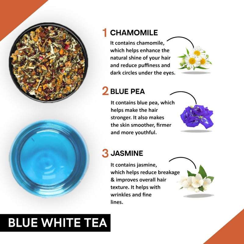 Teacurry Blue White Tea (200 Gram Loose + Infuser) - Helps with Skin Wellness, Hair Strength, Calmness and Sleep | Flower Based, Caffeine Free Herbal Tea - Image 2