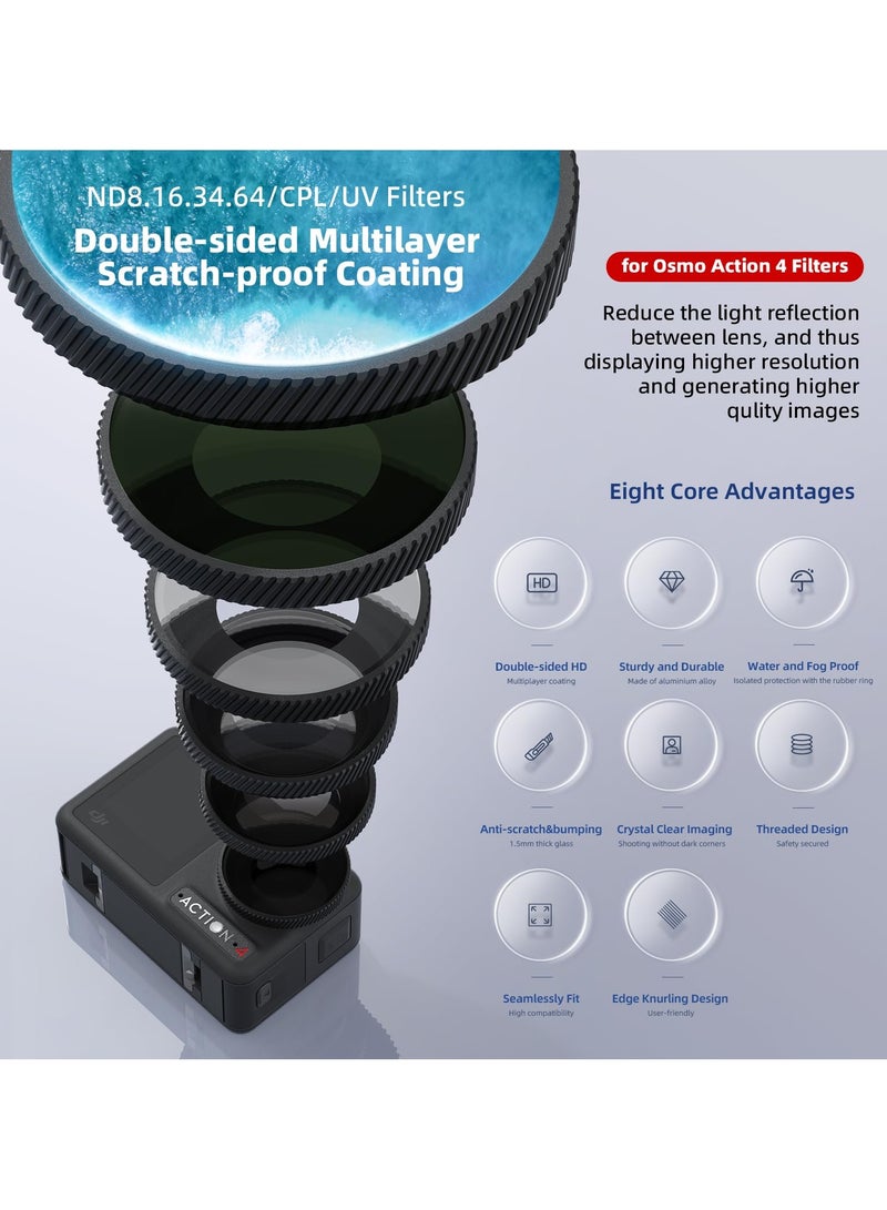 Lens Fiter Set for DJI Action 5Pro Action 4 Camera Accessories 4-Pack ND64 ND32 ND16 ND8 Polarizing Neutral Density HD Filter Lens Protective Protector Cover for DJI Osmo Action - Image 2