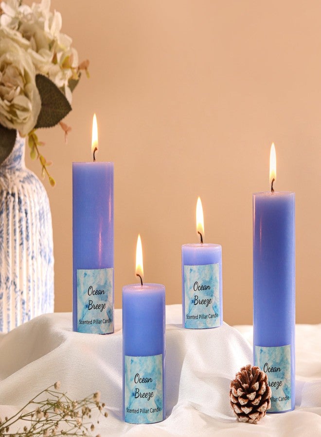 Stone & Feather Scented Pillar Candles, Ocean Breeze, Set of 4, for Home Decoration, Diwali, Christmas, Wedding, Anniversary. - Image 1