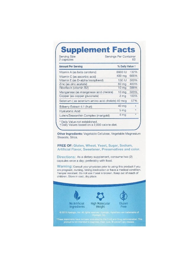 Hyalogic Hyalogic, Hylavision, Hyaluronic Acid + Lutein + Zeaxathin + Vitamins, 120 Capsules  - Image 2