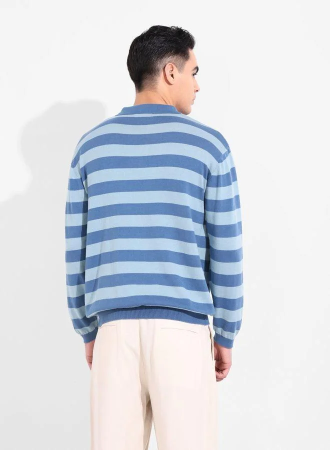 شركة المرآب الهندية Men Oversized Fit Striped Polo Neck Full Sleeves T-Shirt