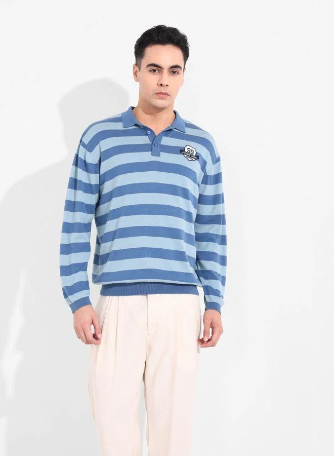 شركة المرآب الهندية Men Oversized Fit Striped Polo Neck Full Sleeves T-Shirt