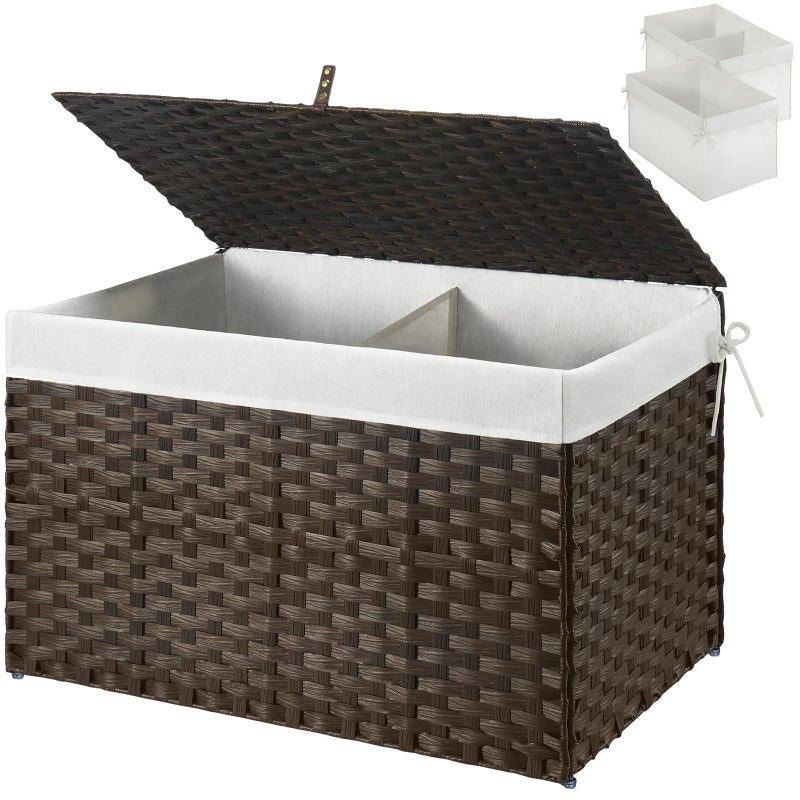 GREENSTELL Storage Basket with Lid 172 Gallon65L Small Wicker Blanket Storage Basket with Handles Foldable 2 Removable Liner Bags Metal Frame for Bedroom Laundry Room Brown