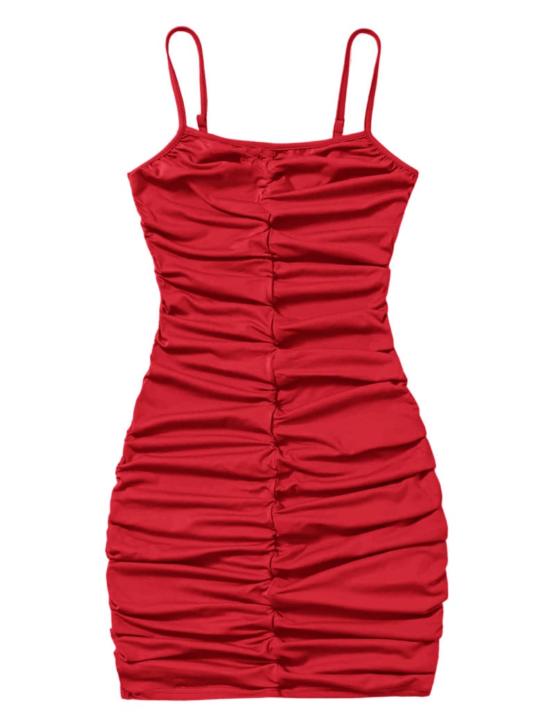 EXARUS Girls Formal Dress Teen Tween Party Bodycon Ruched Dance Homecoming Spaghetti Strap Fitted Mini Short Cute Stretch Dresses Plain Red 10 Years - Image 1