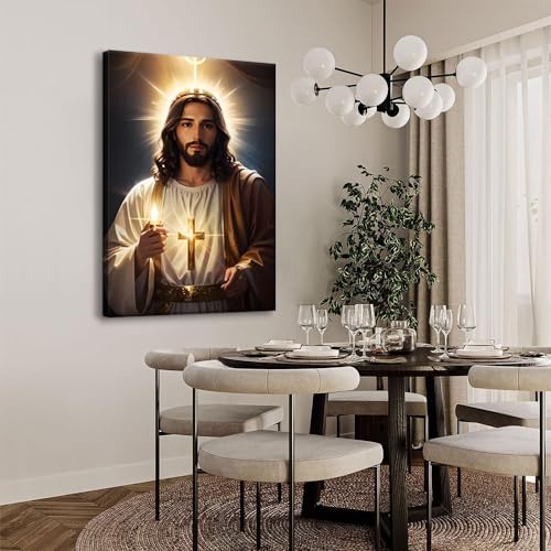 Riveda Framed Catholic Jesus Lights Candles Wall Art God Print on Canvas Jesus Painting Christian Wall Decor Jesue Pictures for Wall Ready to Hang12x16inches - Image 3