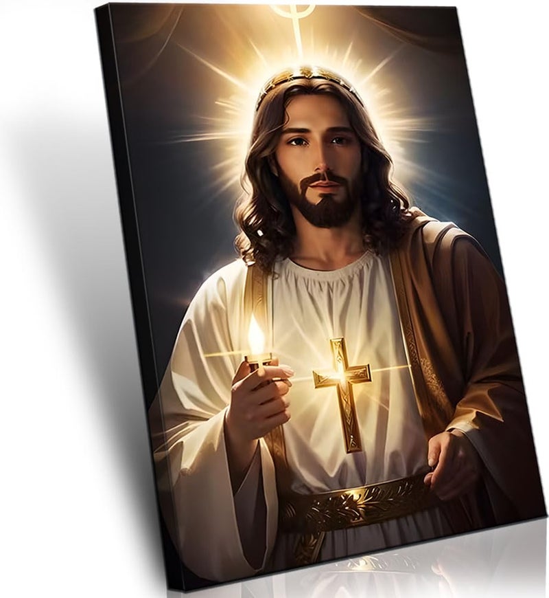 Riveda Framed Catholic Jesus Lights Candles Wall Art God Print on Canvas Jesus Painting Christian Wall Decor Jesue Pictures for Wall Ready to Hang12x16inches - Image 2