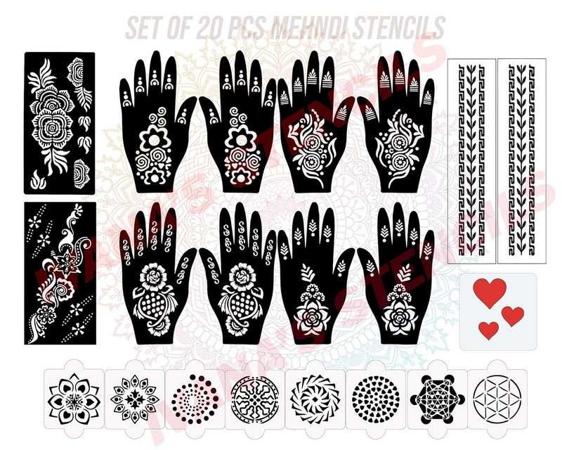 ivana's Ivanas Set of 20 Pcs Combo Pack Reusable Mehandi Design Sticker Stencils for Both Hand  Mehendi Design Stencils  Quick and Easy to Use for Girls Women Kids  Teen D2106 - Image 1