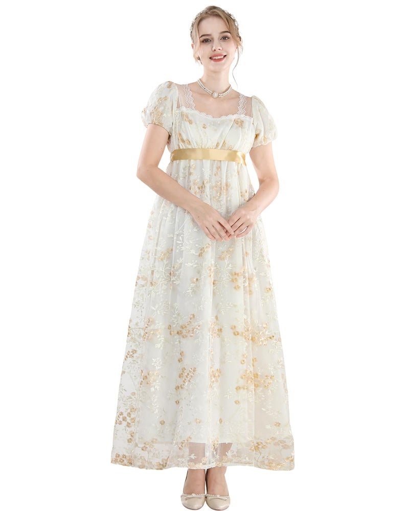 FCCAM FCCAM FCCAM Regency Dresses for Women Puffy Sleeves Victorian Dress Costume Empire Waist Regency Ball Gown Light Yellow M - Image 3