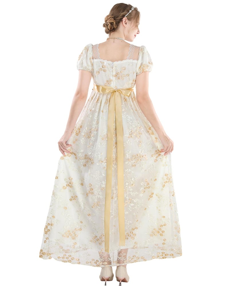 FCCAM FCCAM FCCAM Regency Dresses for Women Puffy Sleeves Victorian Dress Costume Empire Waist Regency Ball Gown Light Yellow M - Image 4