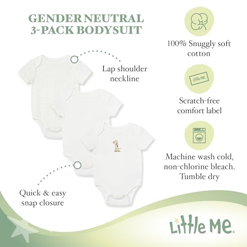 Little Me Gender Neutral 3-Pack Short Sleeve Onesies, Baby Bodysuits 100% Cotton, Scratch-Free Comfort Tags, and Quick Snap Closures, Giraffe, 3 Months - Image 4