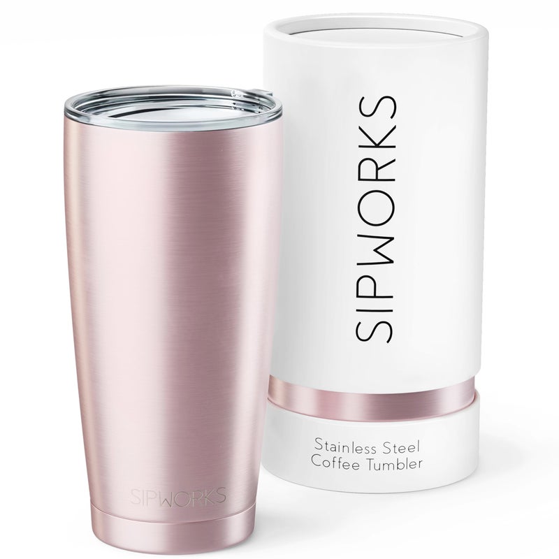 Sipworks Coffee Tumblers with Lids 20z Stainless Steel Coffee Tumbler with Double Walled Vacuum Insulation for Hot Cold Drinks Spill Resistant Travel Insulated Tumbler Rose Gold