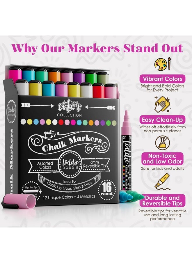 Loddie Doddie Loddie Doddie Erasable Liquid Chalk Markers - Pack of 16 Dust-Free, 6mm Reversible Bullet & Chisel Tips for Chalkboard, Glass & Windows  - Image 2