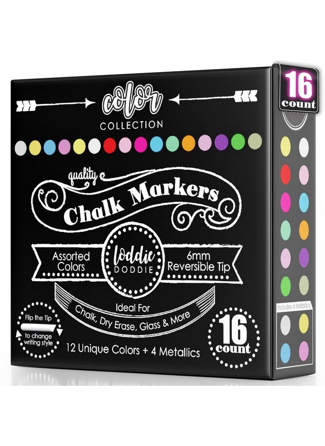 Loddie Doddie Loddie Doddie Erasable Liquid Chalk Markers - Pack of 16 Dust-Free, 6mm Reversible Bullet & Chisel Tips for Chalkboard, Glass & Windows  - Image 1