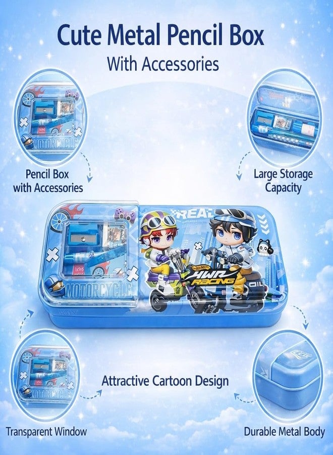 SMAX Metal Pencil Box Case with Pencil, Eraser, Sharpener Stationery Set – Double Layer Pencil Case Stationary Organizer for Kids, Boys, Girls (Blue) - Image 2