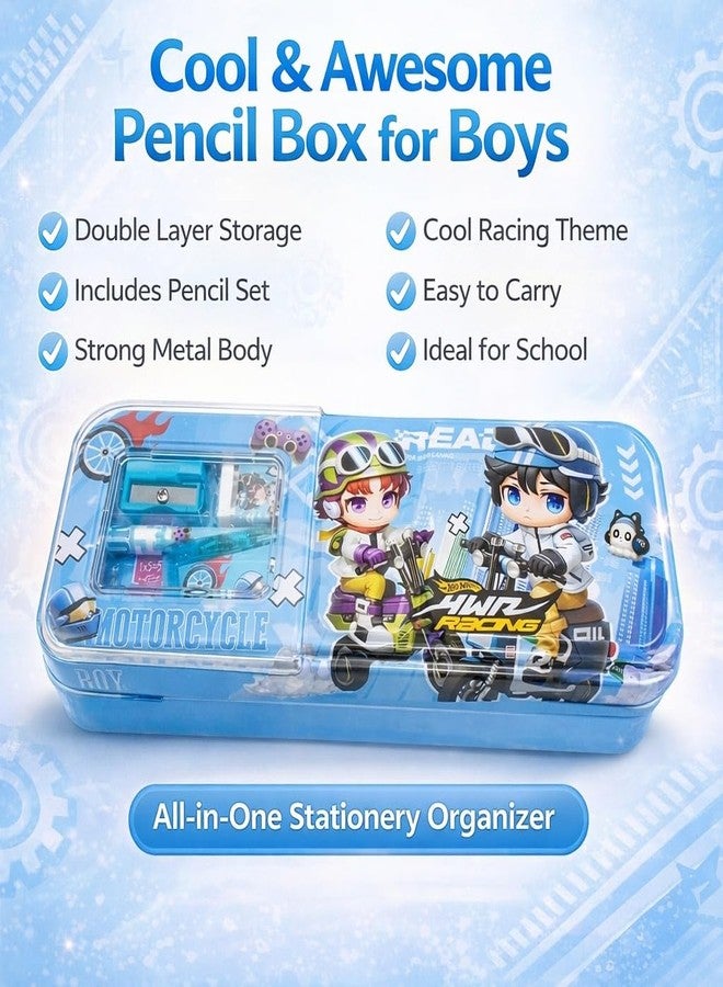 SMAX Metal Pencil Box Case with Pencil, Eraser, Sharpener Stationery Set – Double Layer Pencil Case Stationary Organizer for Kids, Boys, Girls (Blue) - Image 5