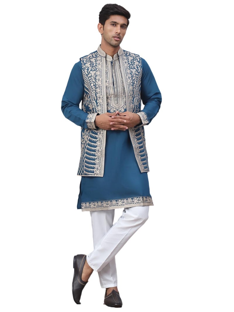 Jompers Men's Embroidered Waistcoat and Kurta Pyjama Set in Blue - Image 1